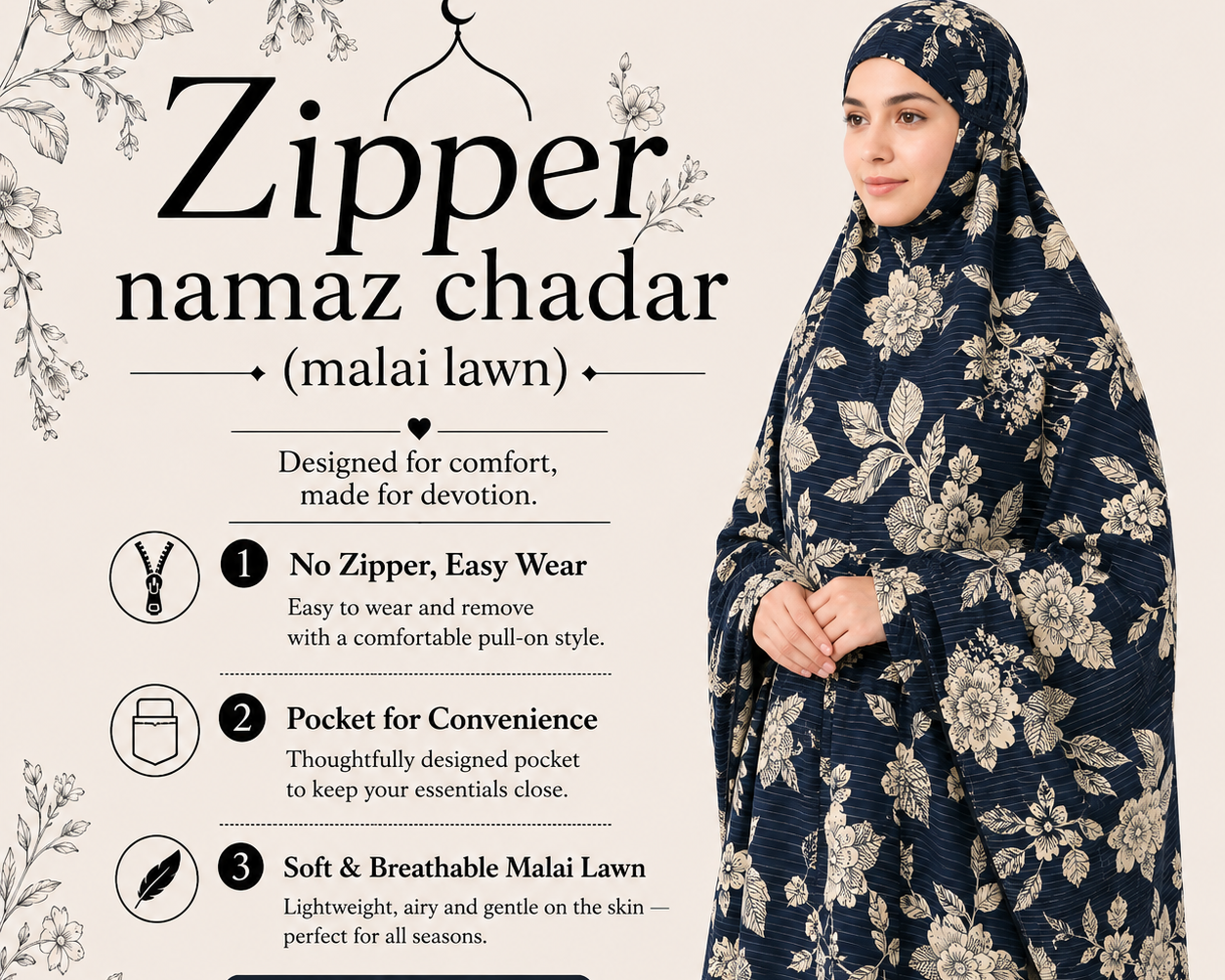 Zipper namaz Chadar (malai lawn)