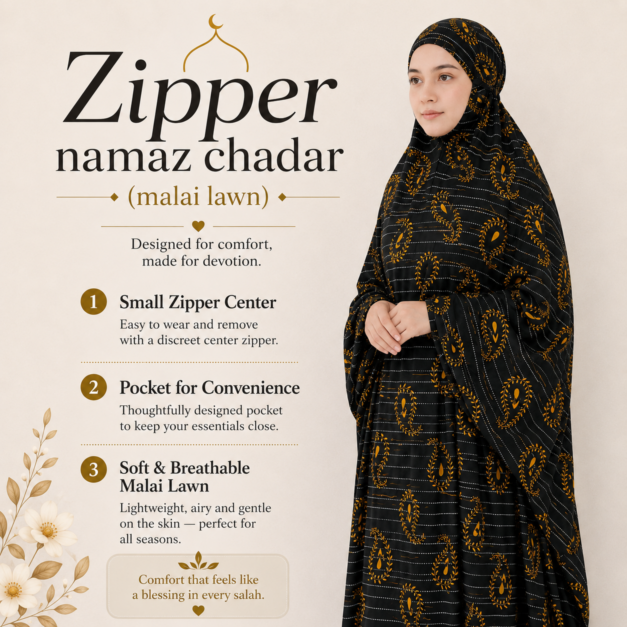 Zipper namaz Chadar (malai lawn)