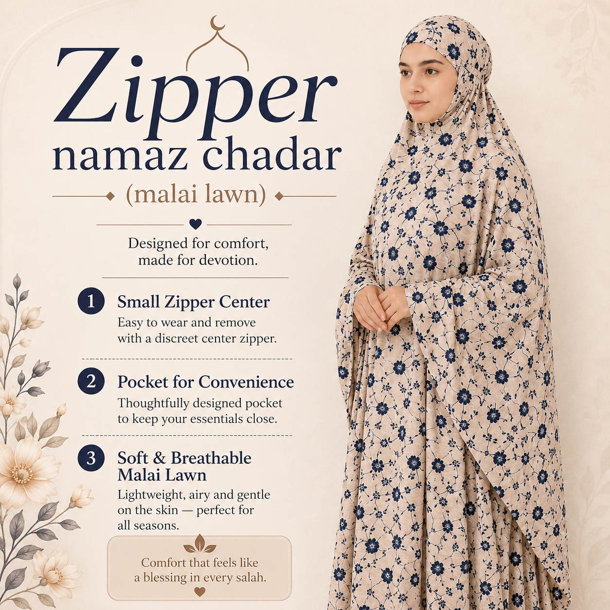 Zipper namaz Chadar (malai lawn)