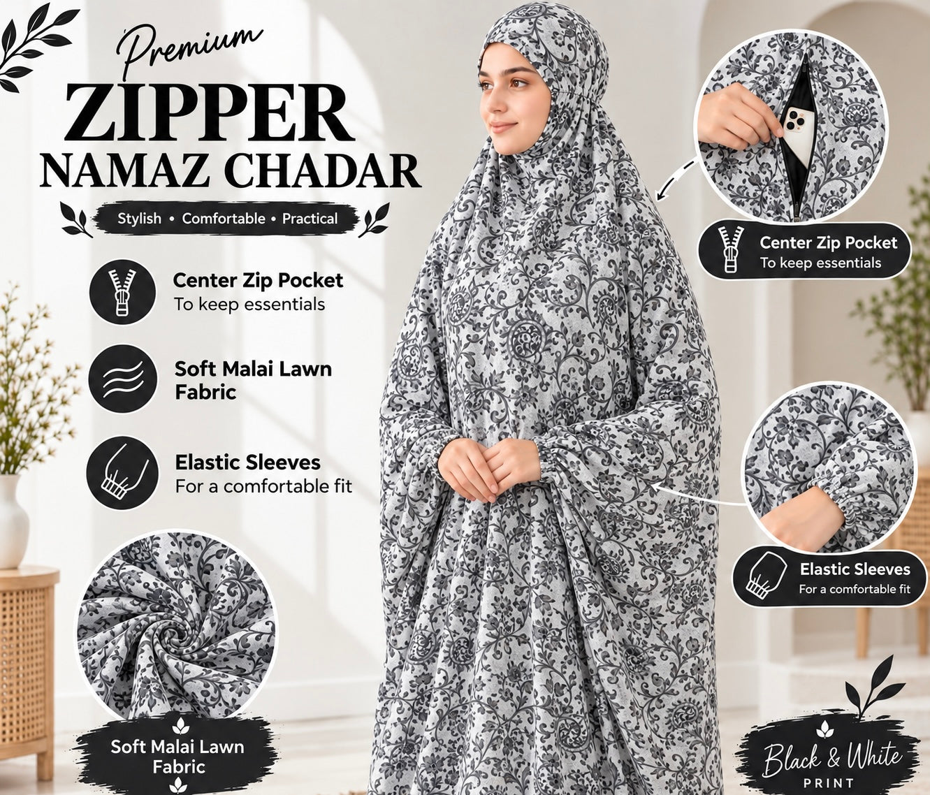 Zipper namaz Chadar (malai lawn)