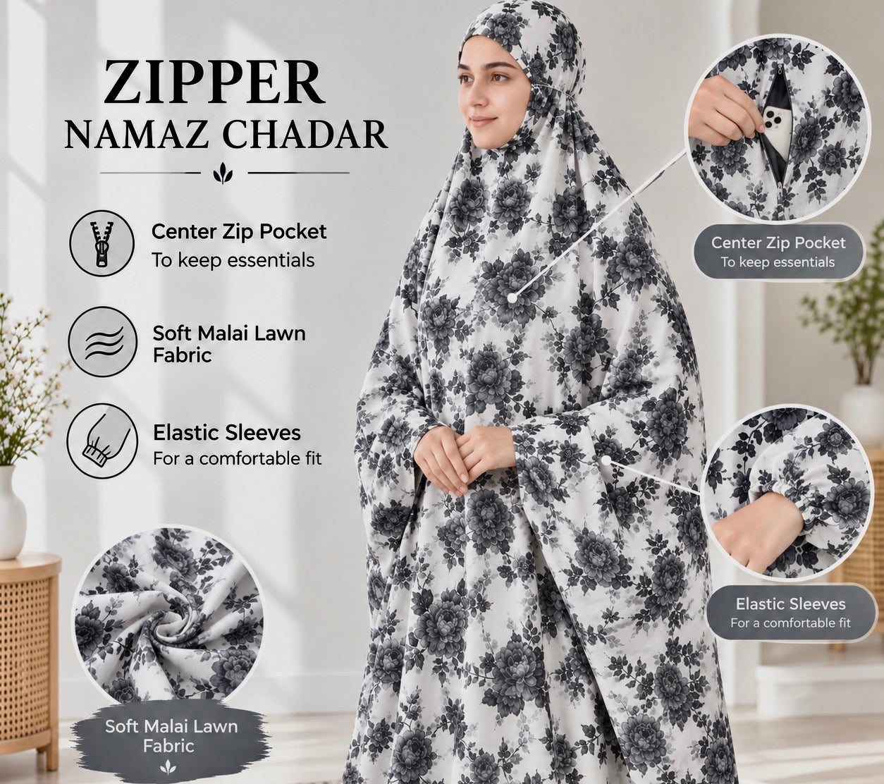 Zipper namaz Chadar (malai lawn)