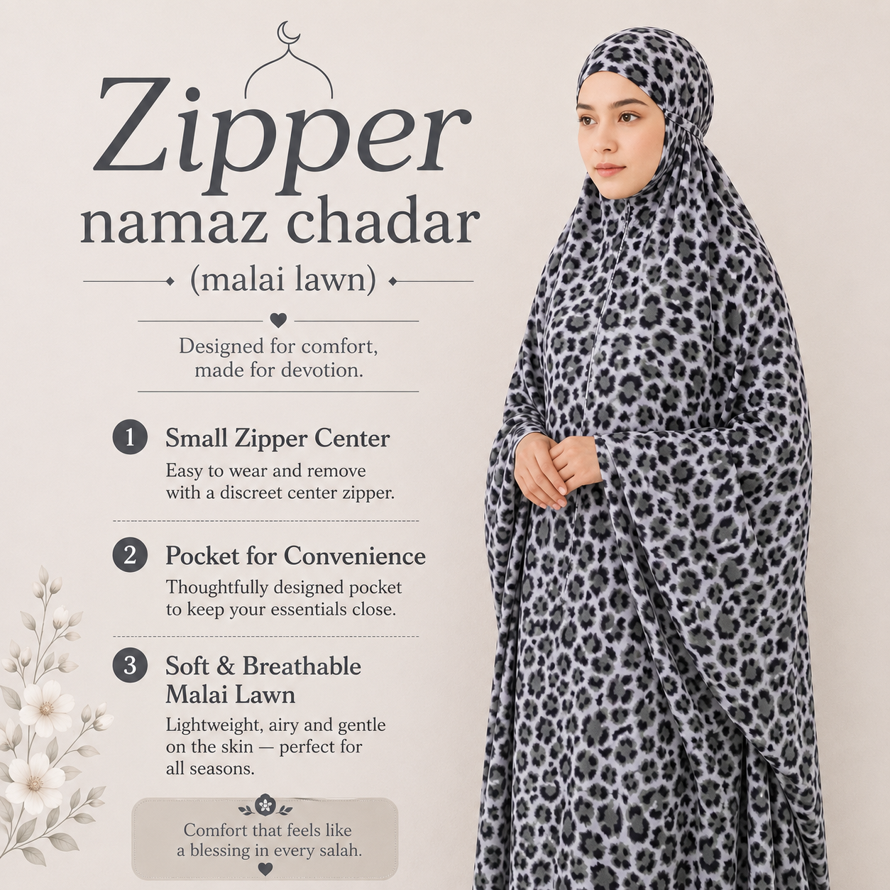 Zipper namaz Chadar (malai lawn)