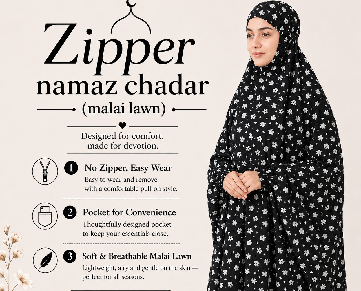 Zipper namaz Chadar (malai lawn)