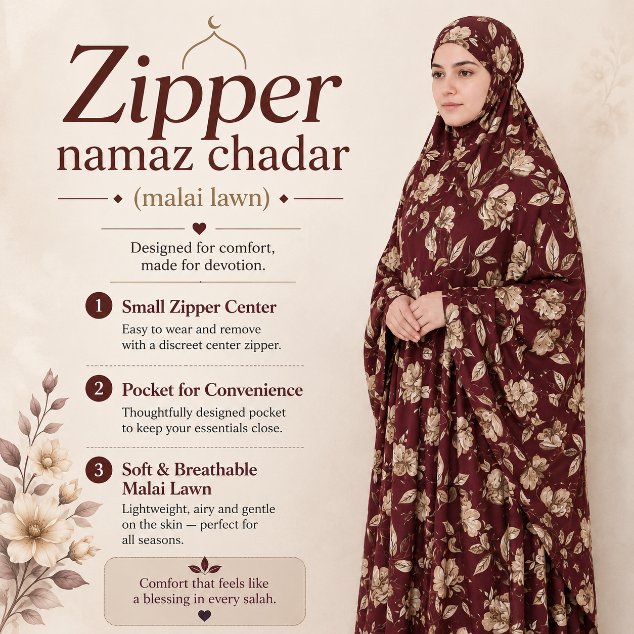 Zipper namaz Chadar (malai lawn)