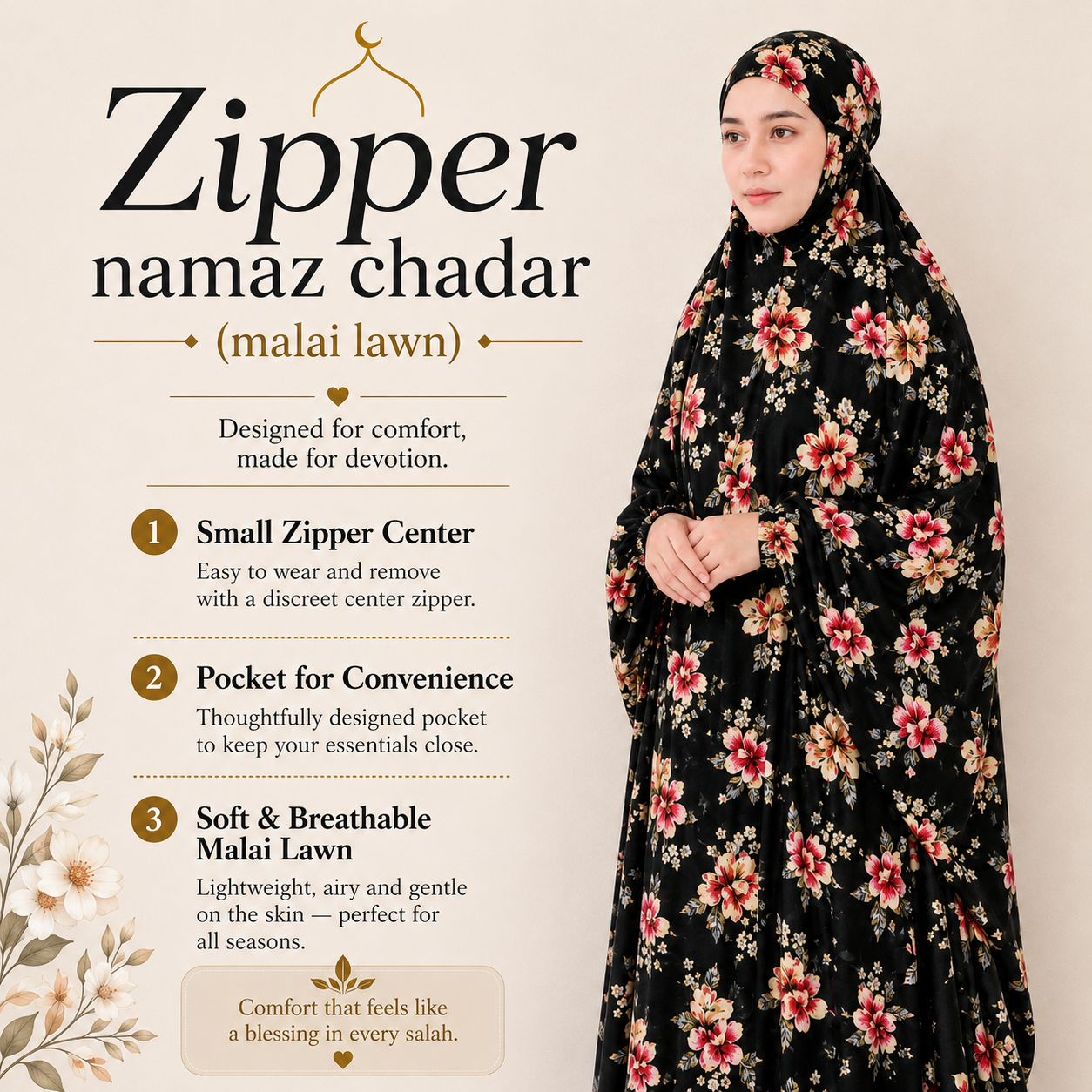 Zipper namaz Chadar (malai lawn)
