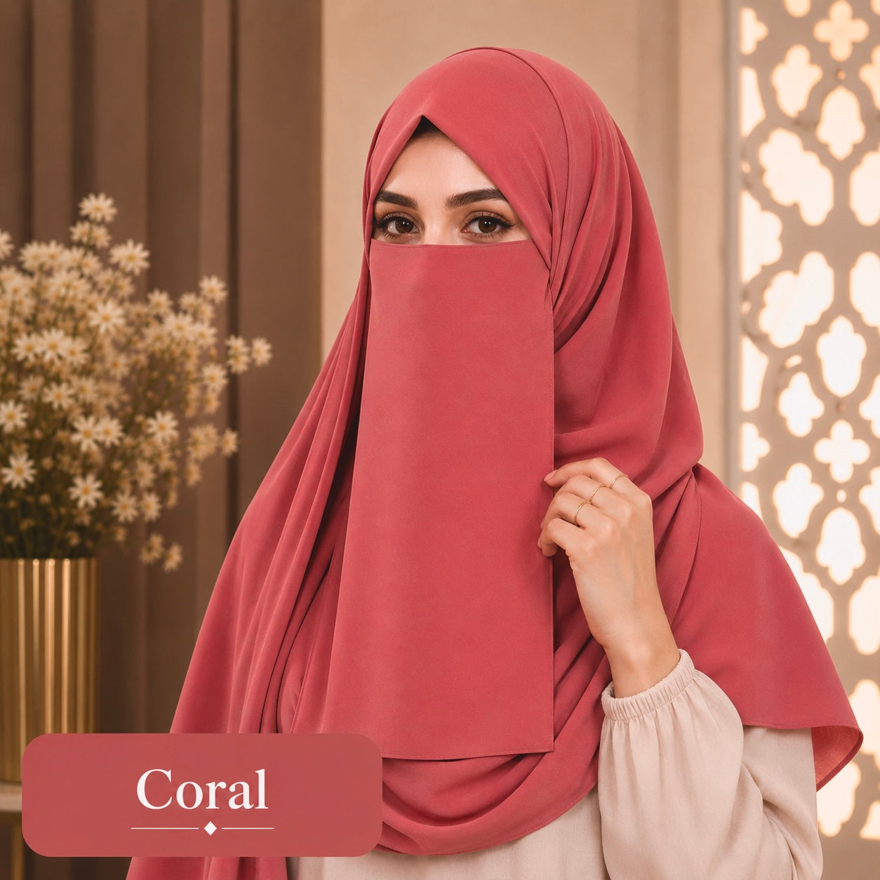 Hijab And Niqab Set - Coral