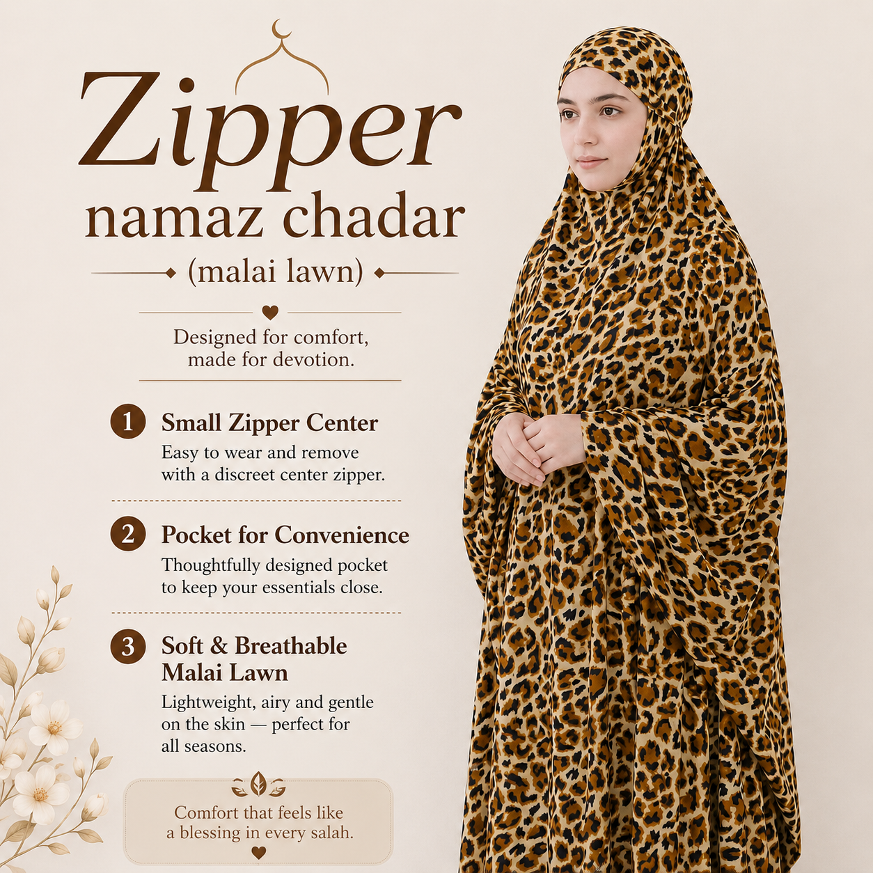 Zipper namaz Chadar (malai lawn)