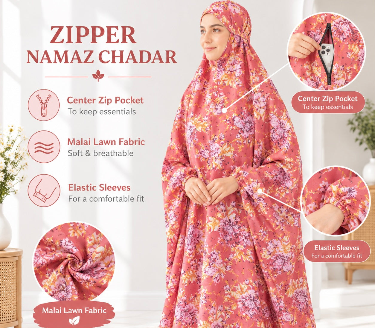 Zipper namaz Chadar (malai lawn)