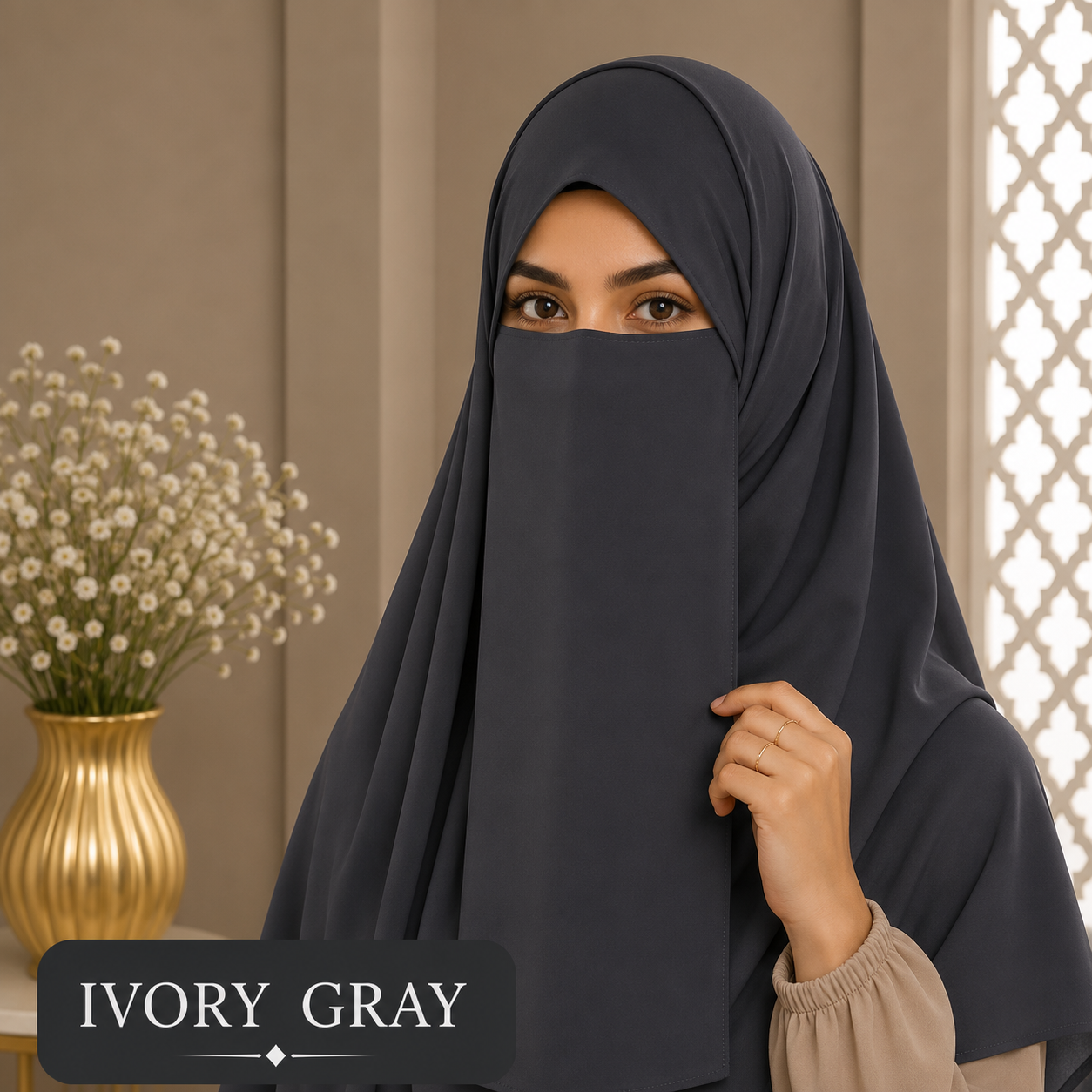 Hijab And Niqab Set - Ivory Gray