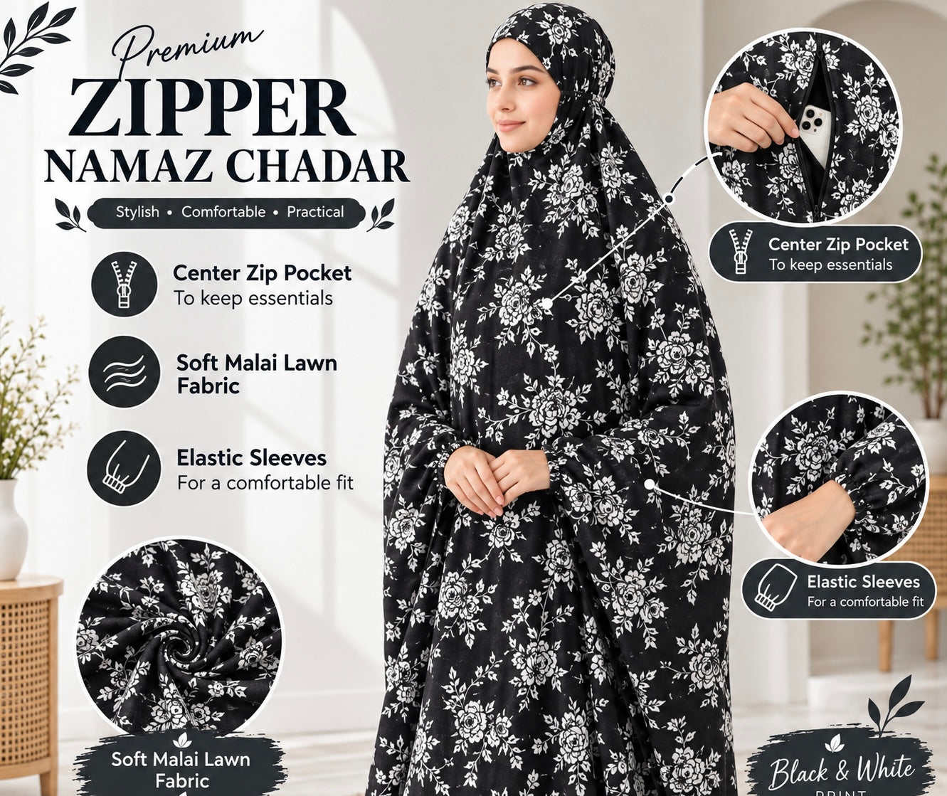 Zipper namaz Chadar (malai lawn)