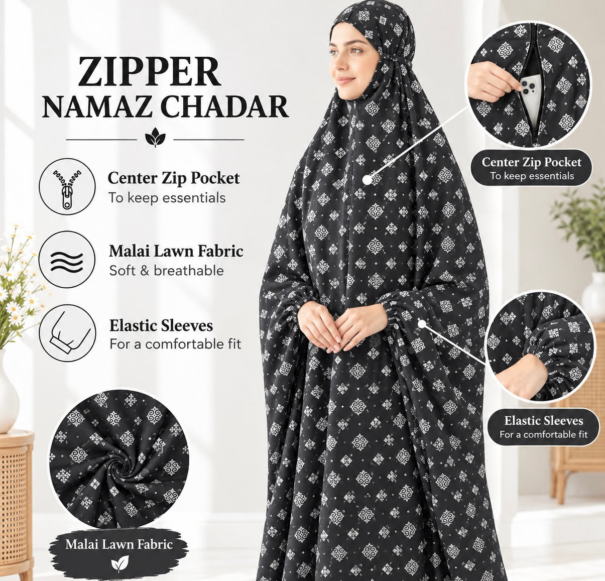 Zipper namaz Chadar (malai lawn)