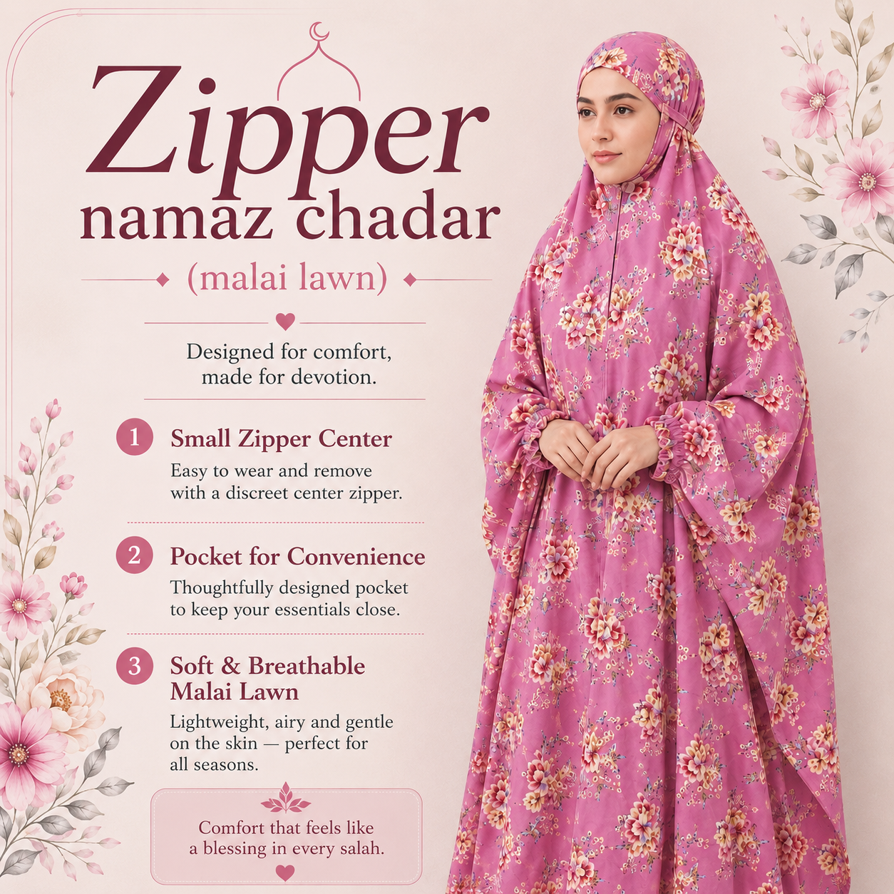 Zipper namaz Chadar (malai lawn)