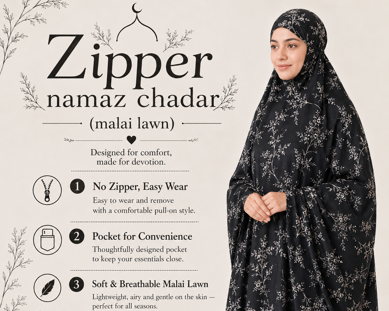 Zipper namaz Chadar (malai lawn)