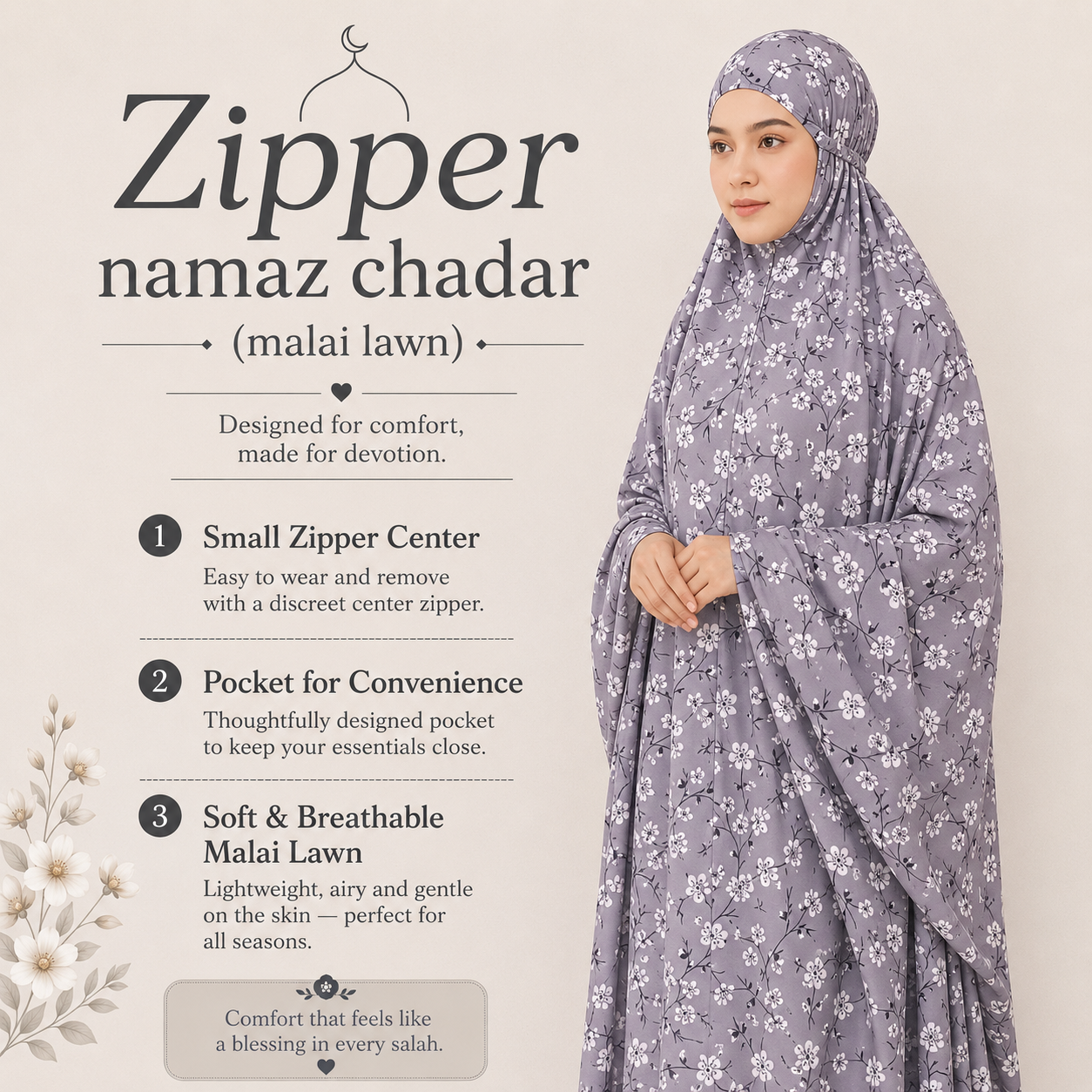 Zipper namaz Chadar (malai lawn)