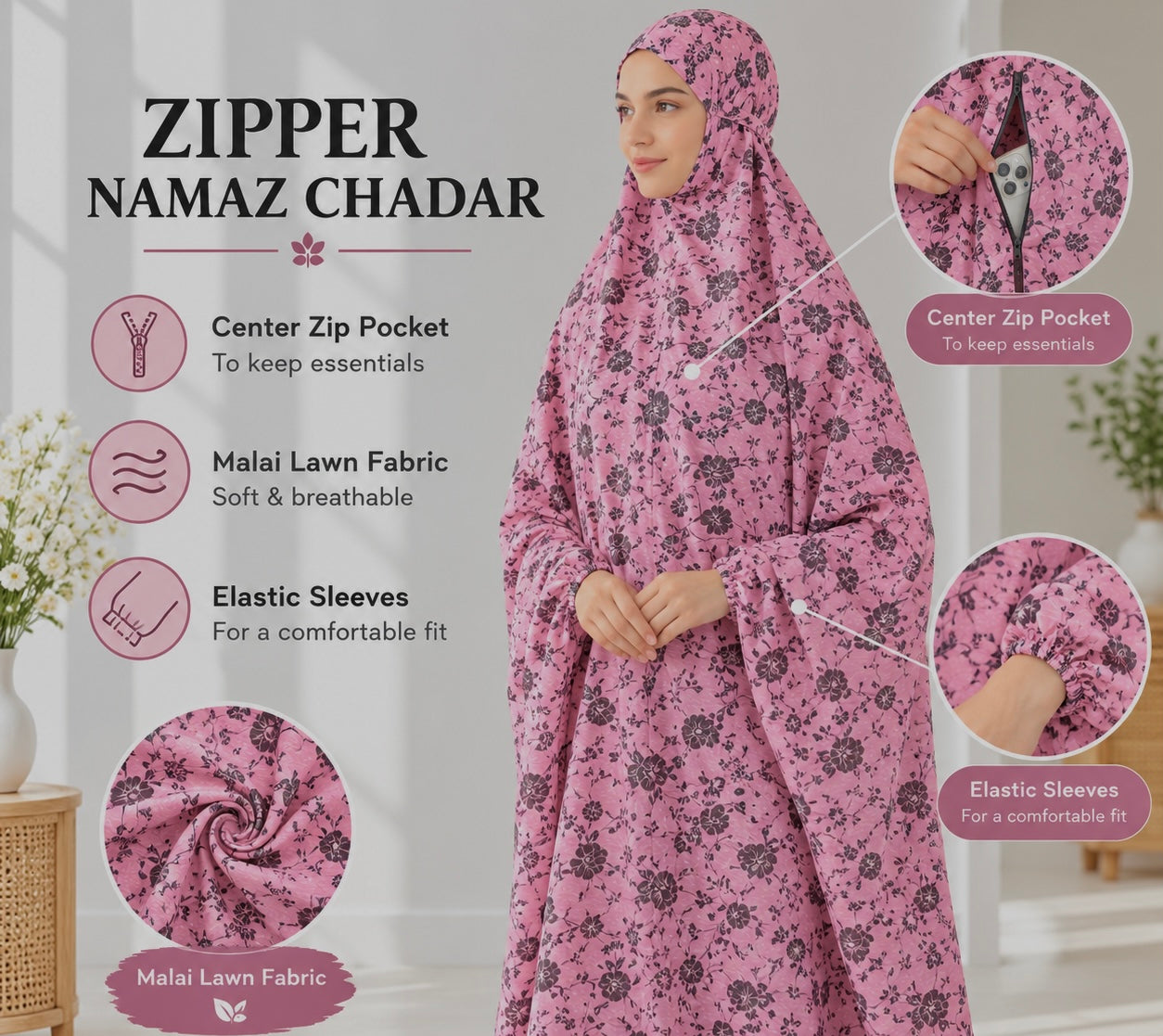 Zipper namaz Chadar (malai lawn)