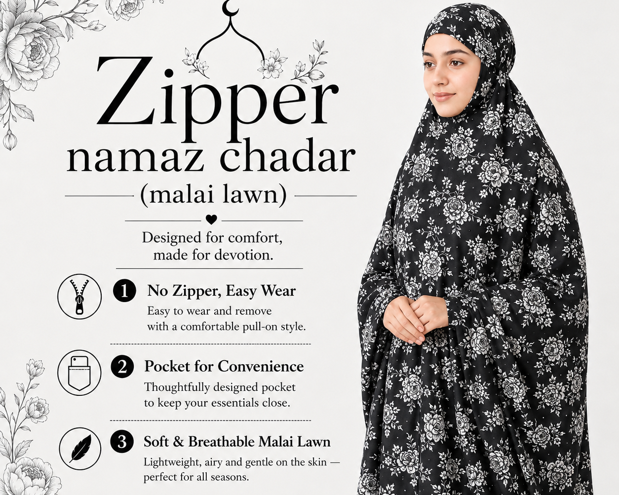 Zipper namaz Chadar (malai lawn)