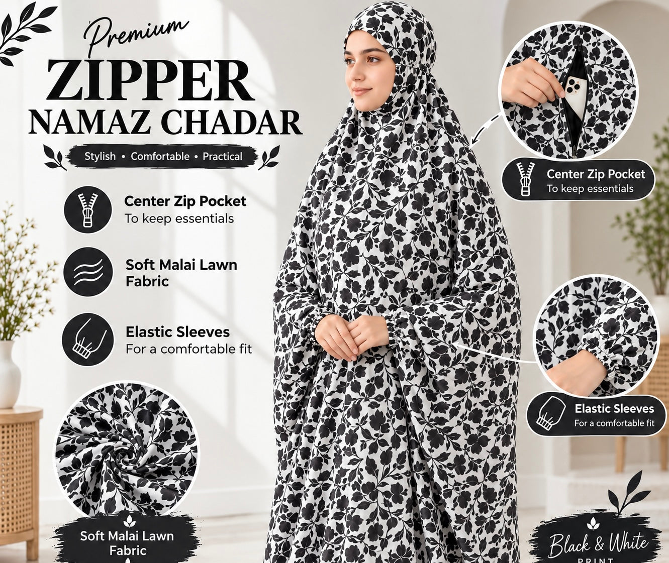 Zipper namaz Chadar (malai lawn)