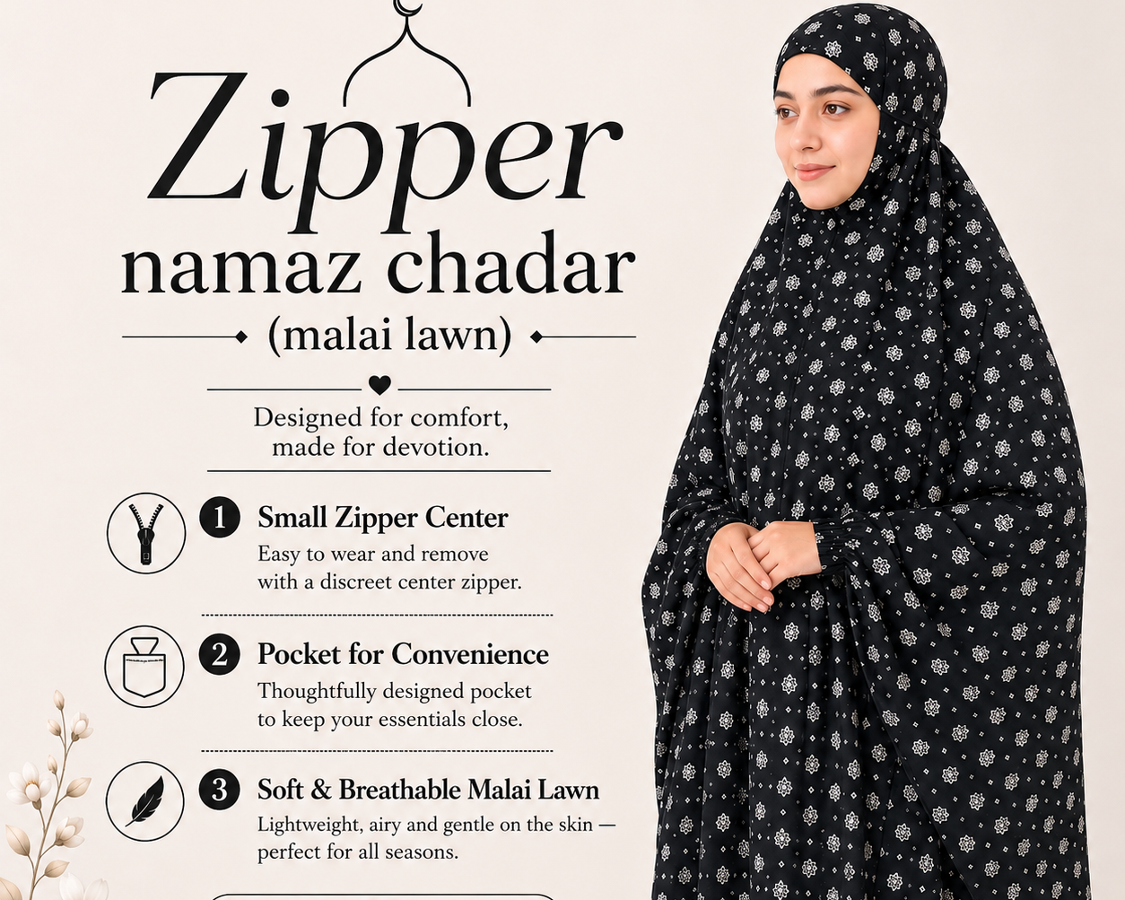 Zipper namaz Chadar (malai lawn)