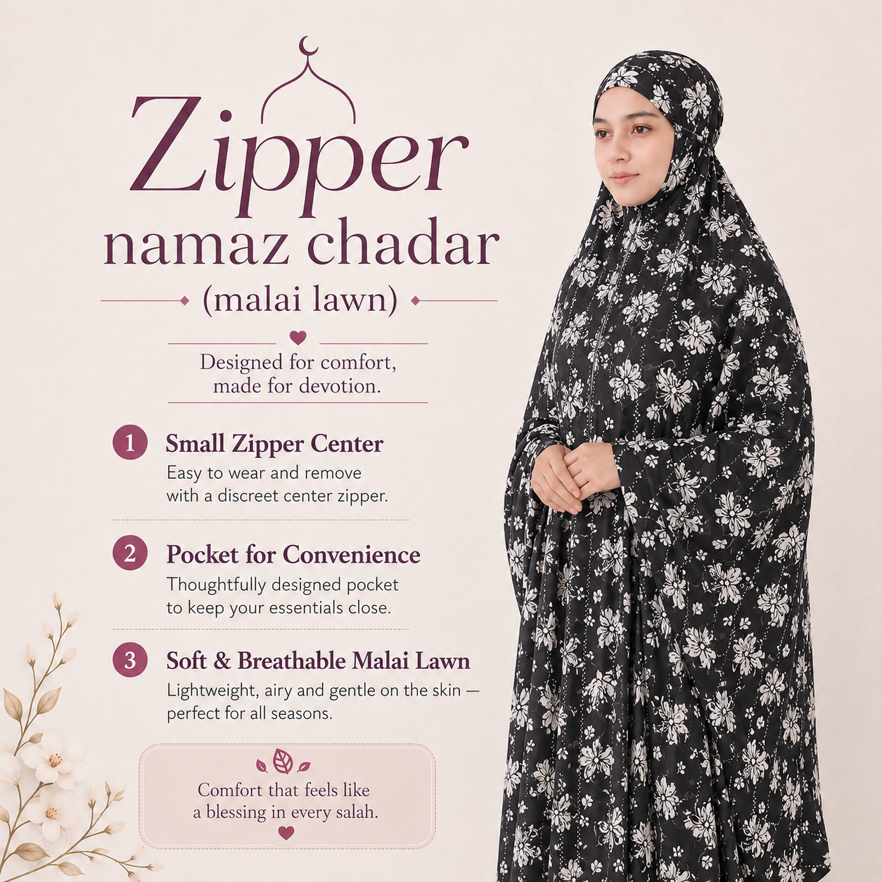 Zipper namaz Chadar (malai lawn)