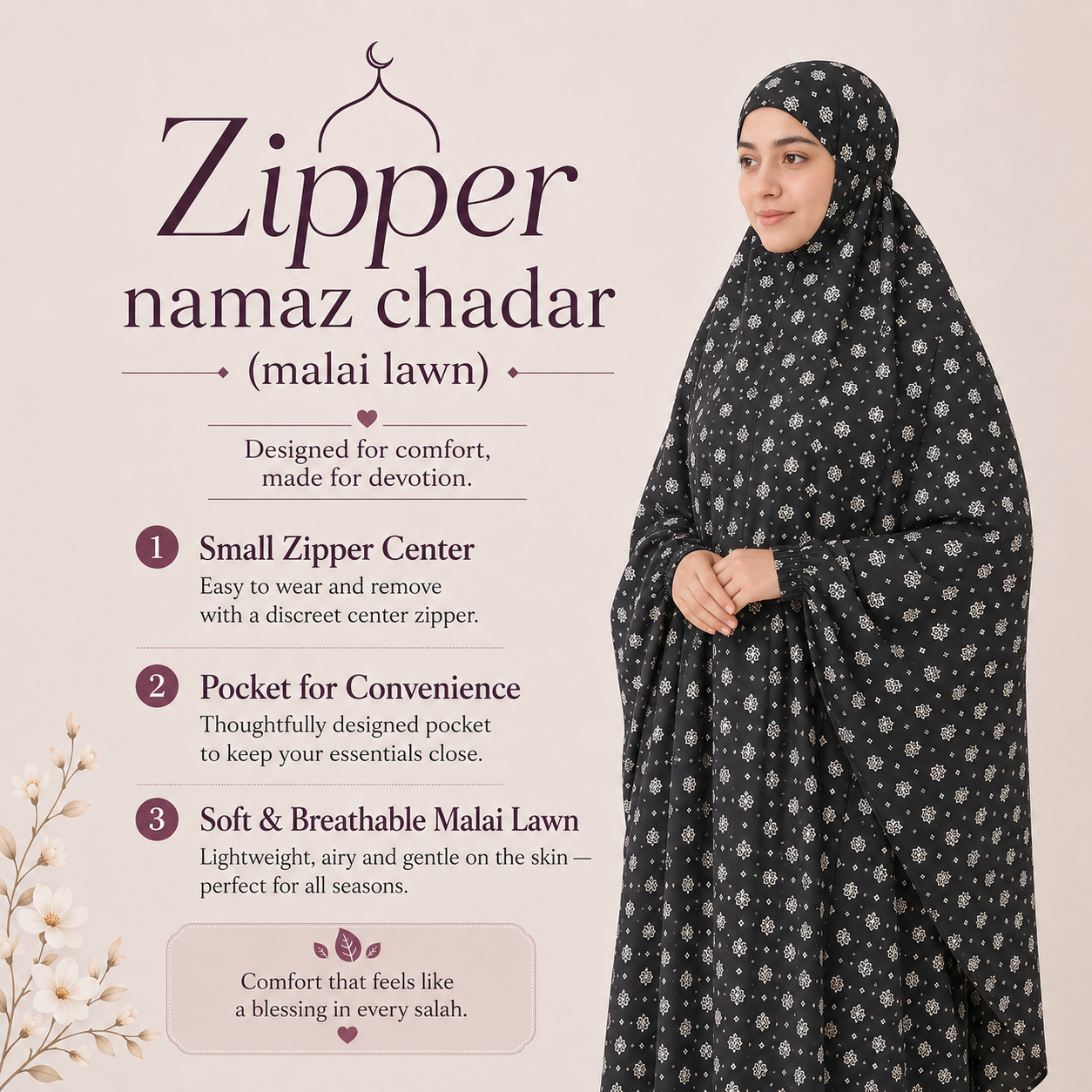 Zipper namaz Chadar (malai lawn)