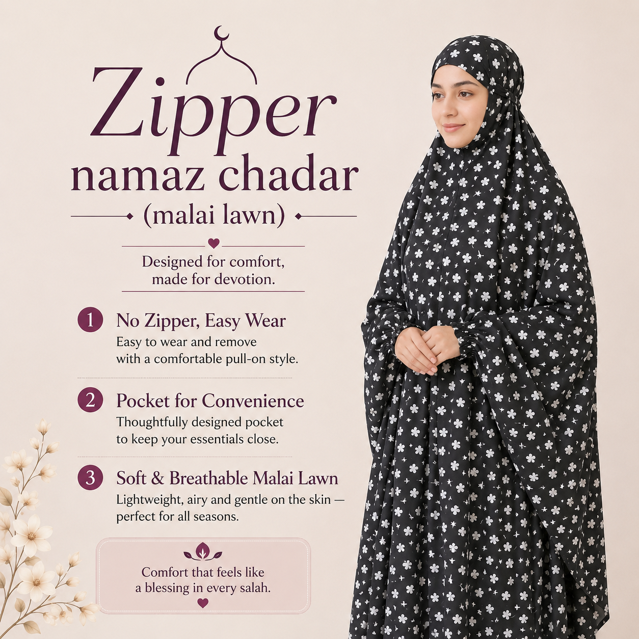 Zipper namaz Chadar (malai lawn)
