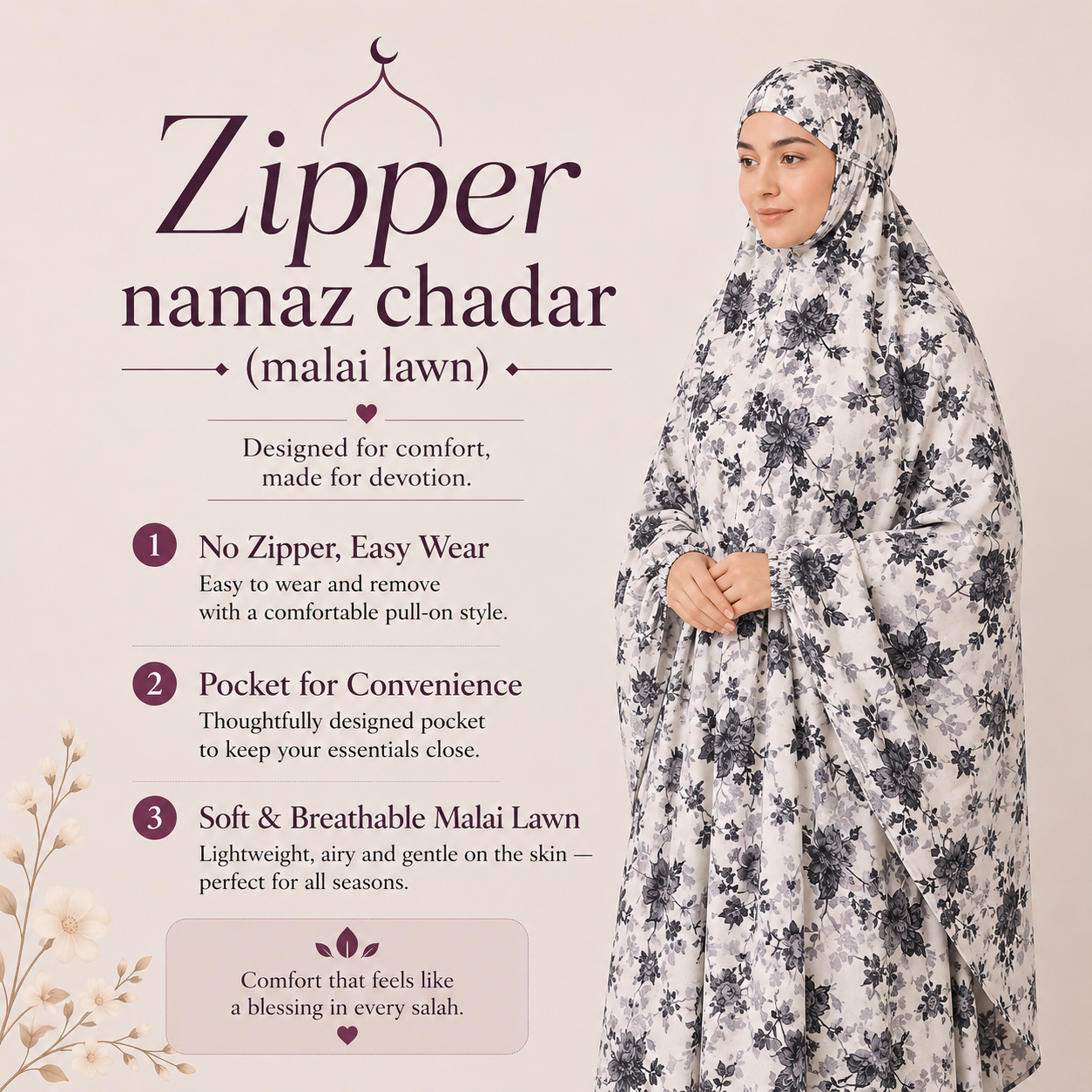 Zipper namaz Chadar (malai lawn)