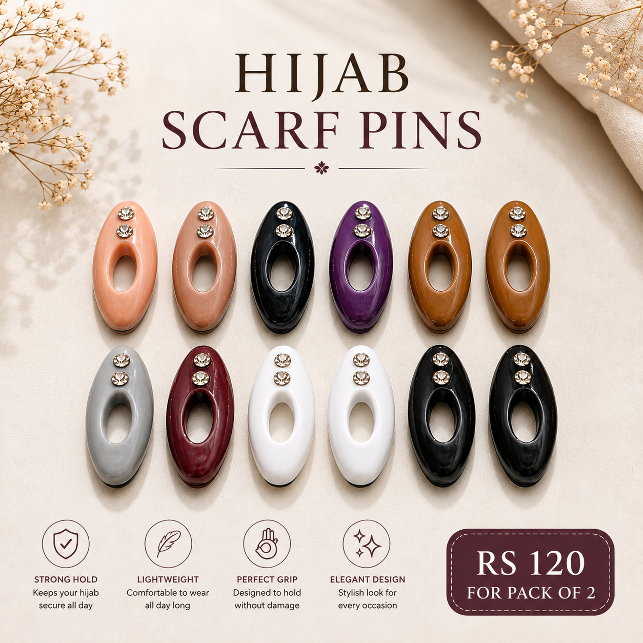 Classic oval hijab pins (pack of 2)