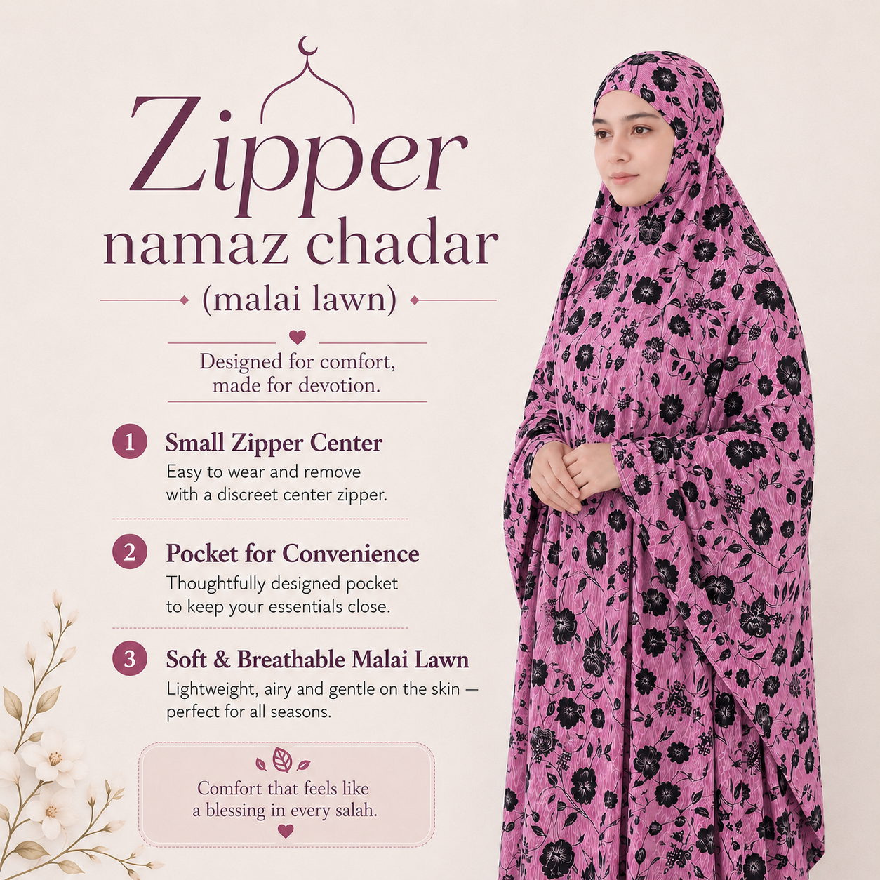 Zipper namaz Chadar (malai lawn)