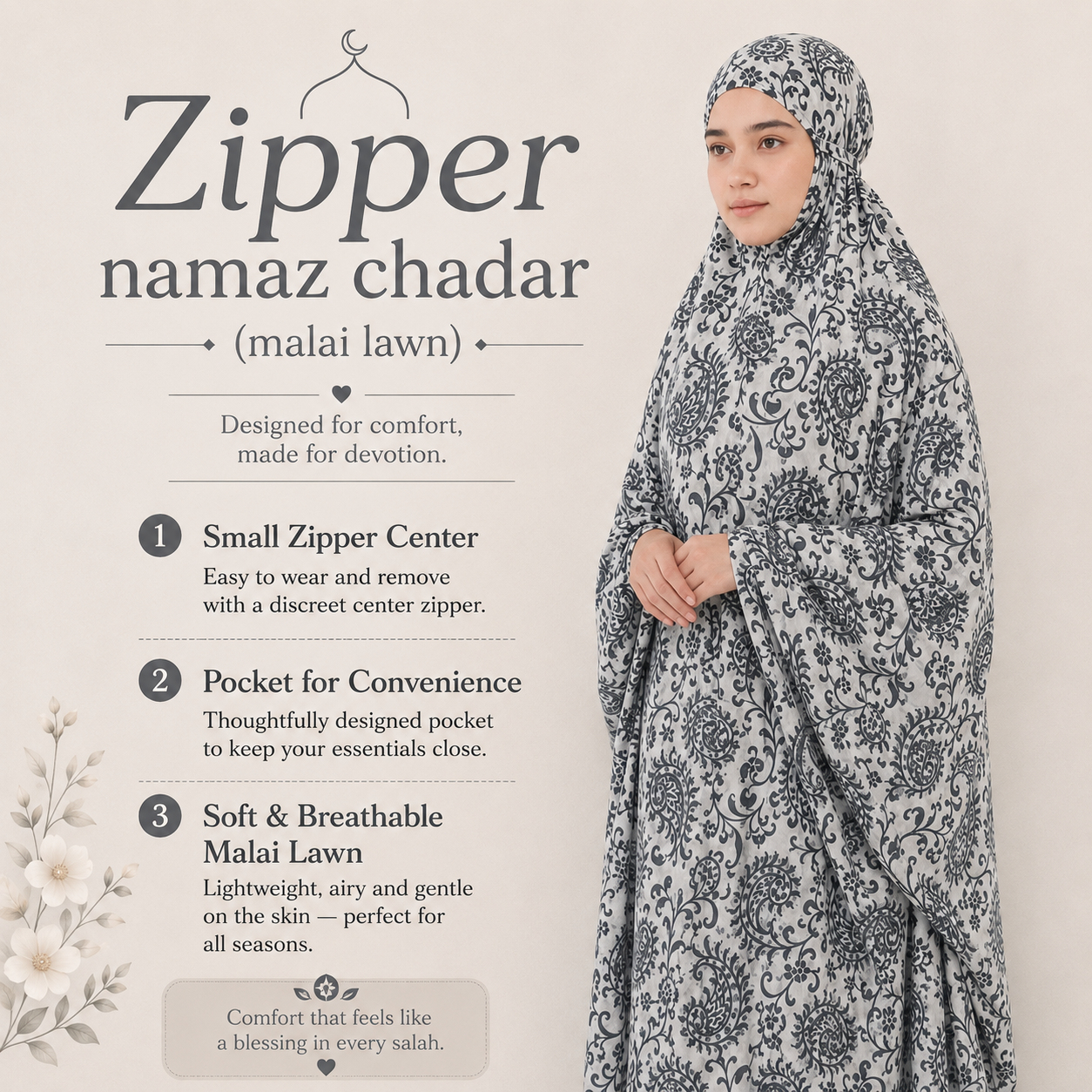 Zipper namaz Chadar (malai lawn)