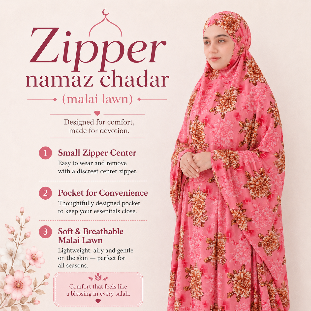 Zipper namaz Chadar (malai lawn)