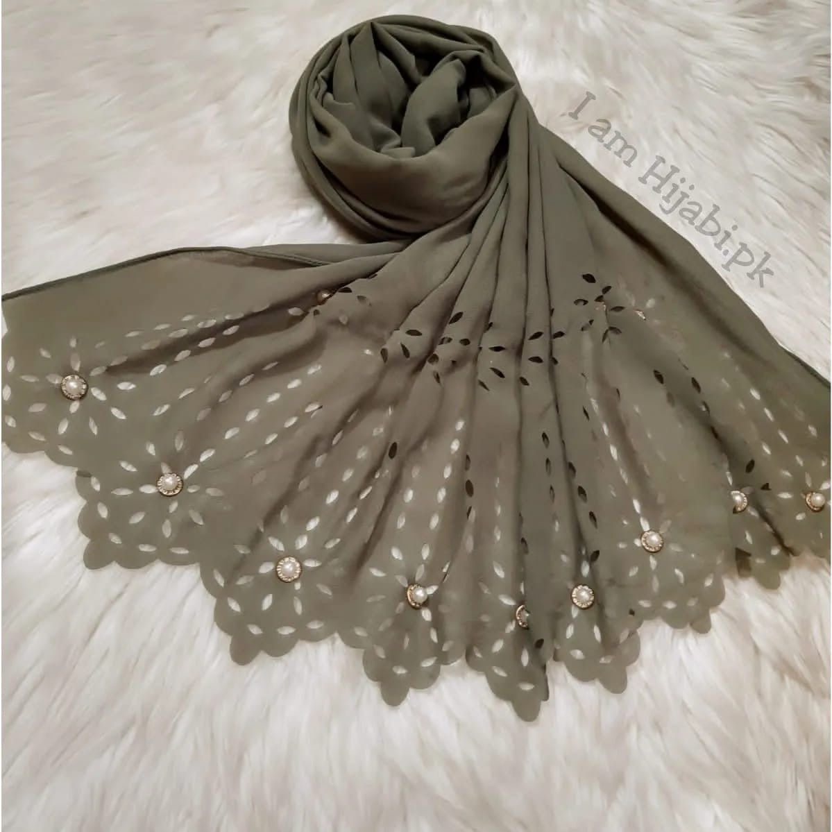 Laser Cut Georgette - Olive Green