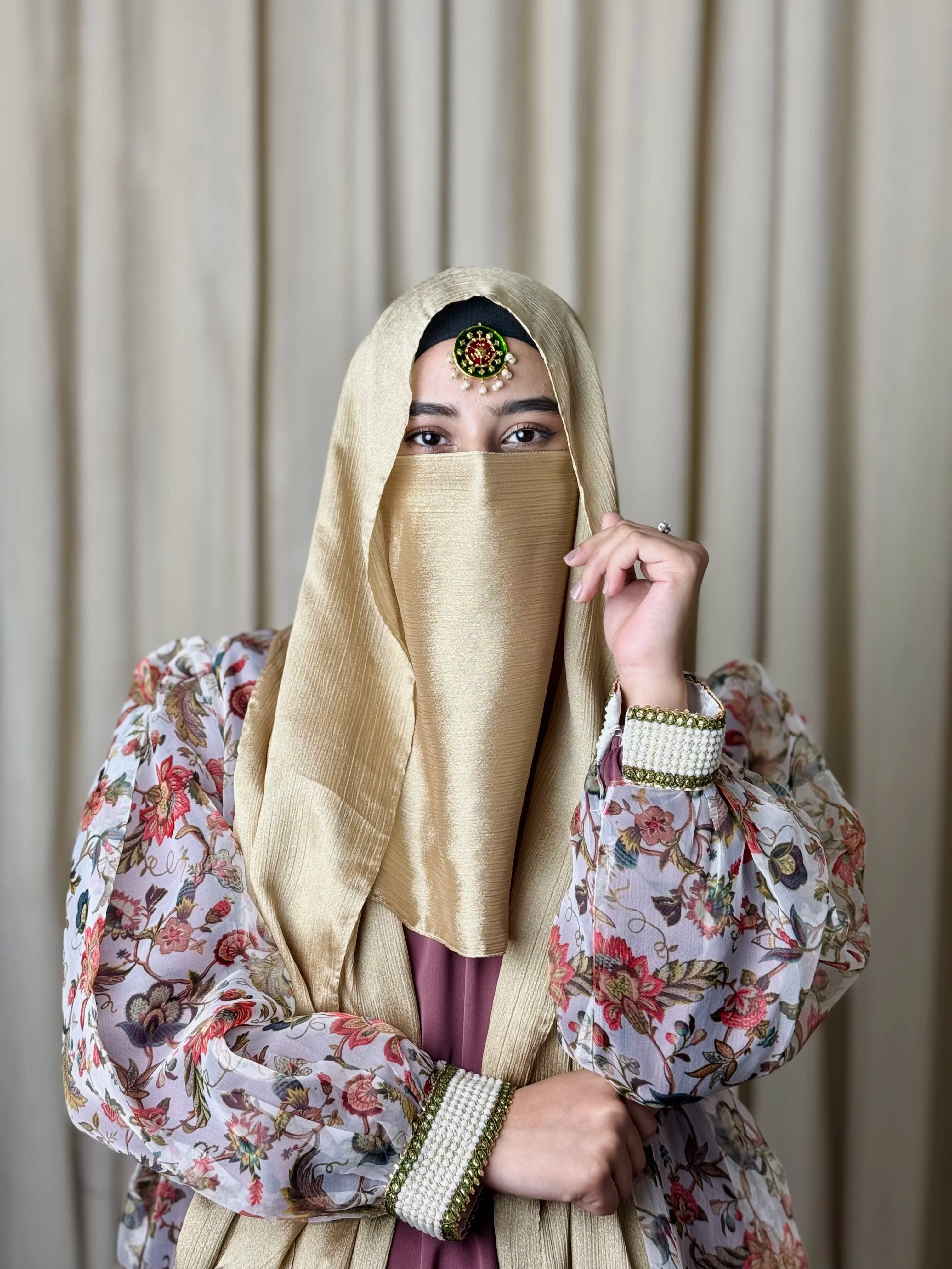 Silk Hijab And Niqab Set - Beige Gold