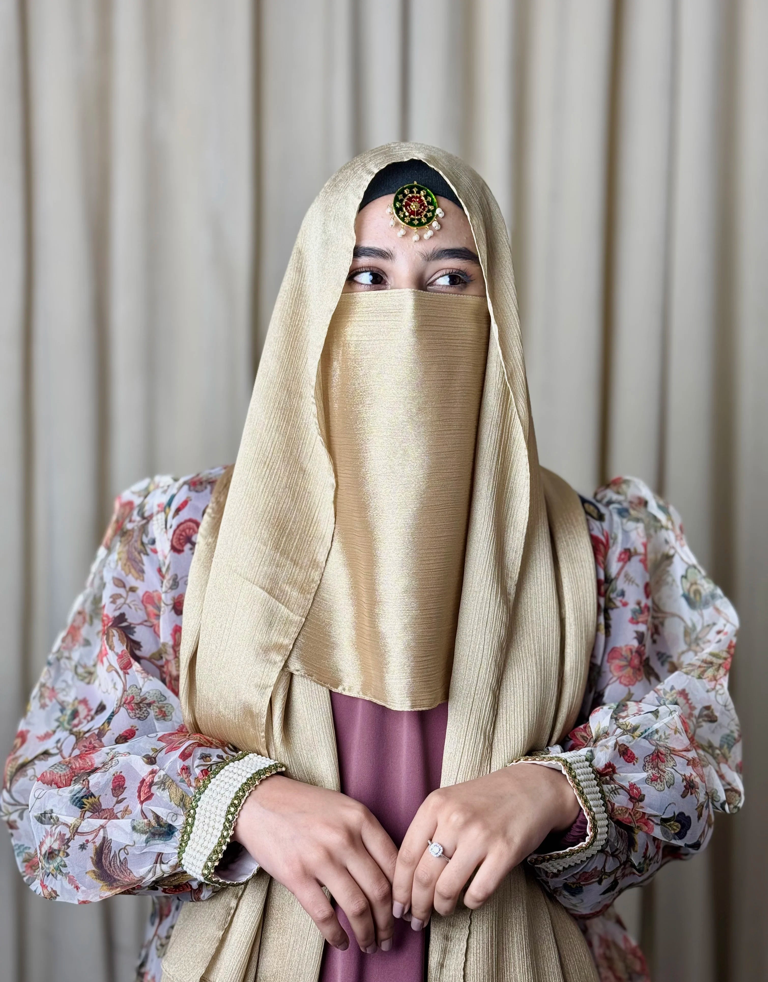 Silk Hijab And Niqab Set - Beige Gold