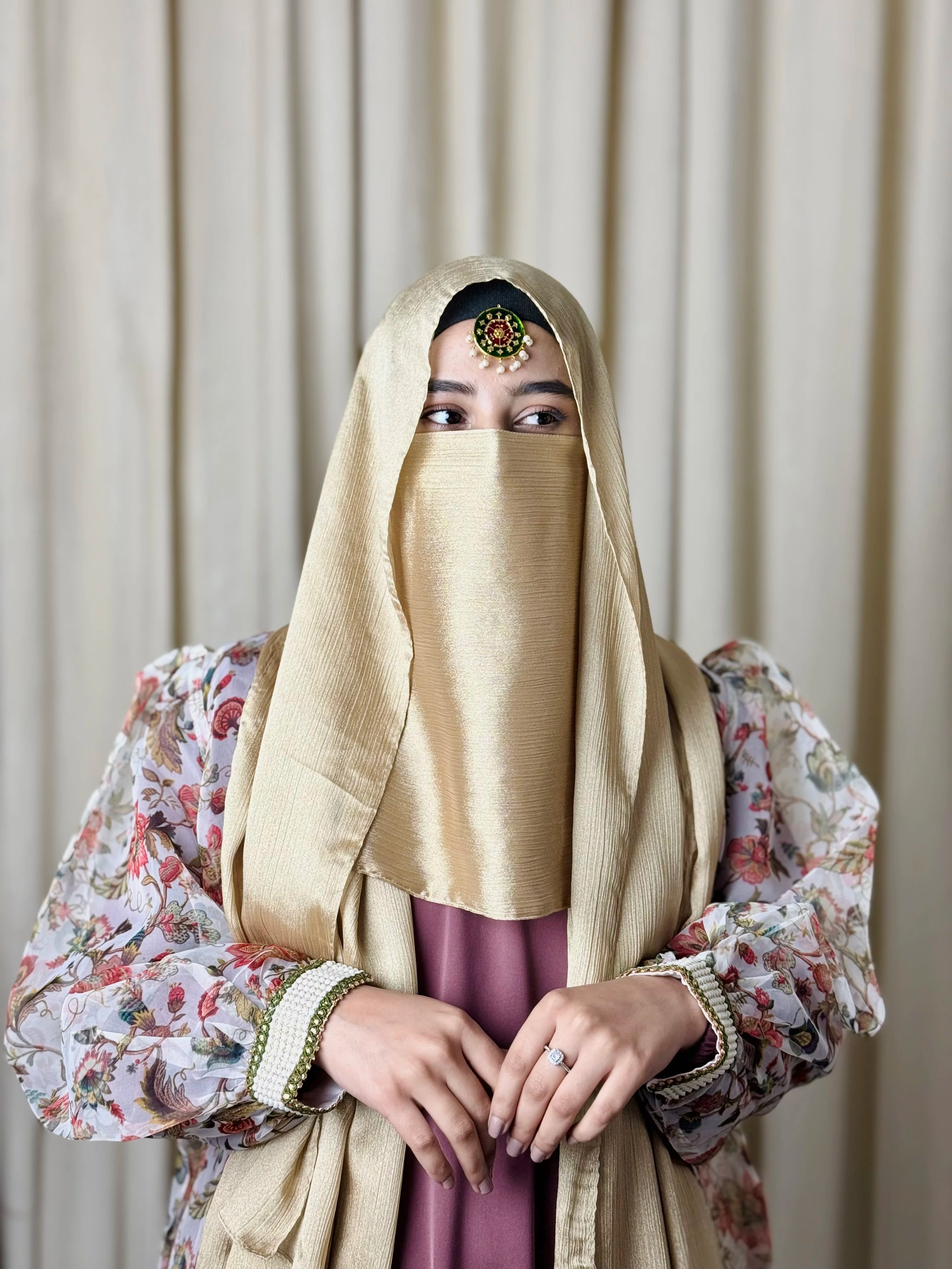 Silk Hijab And Niqab Set - Beige Gold