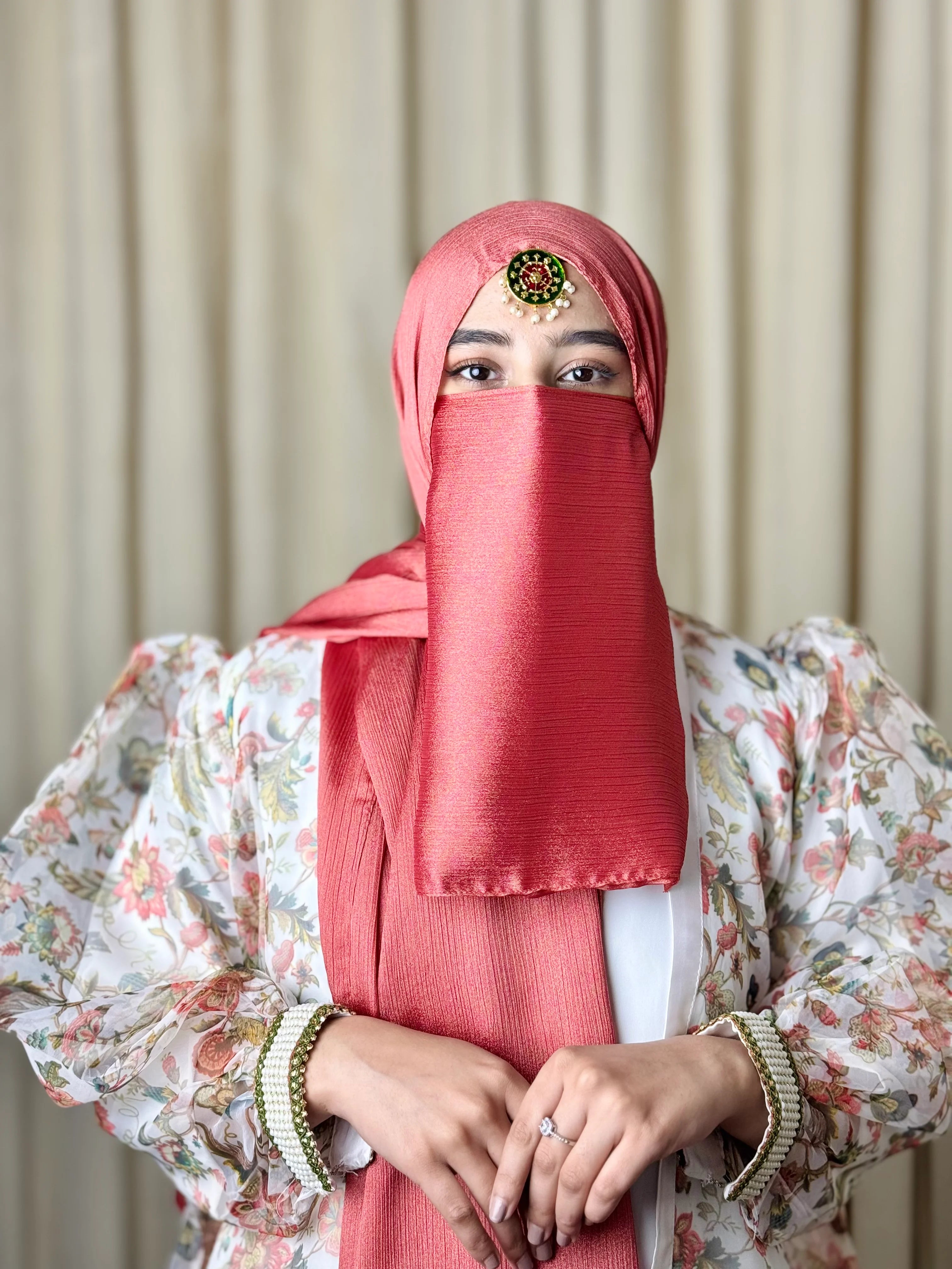 Silk Hijab And Niqab Set - Coral
