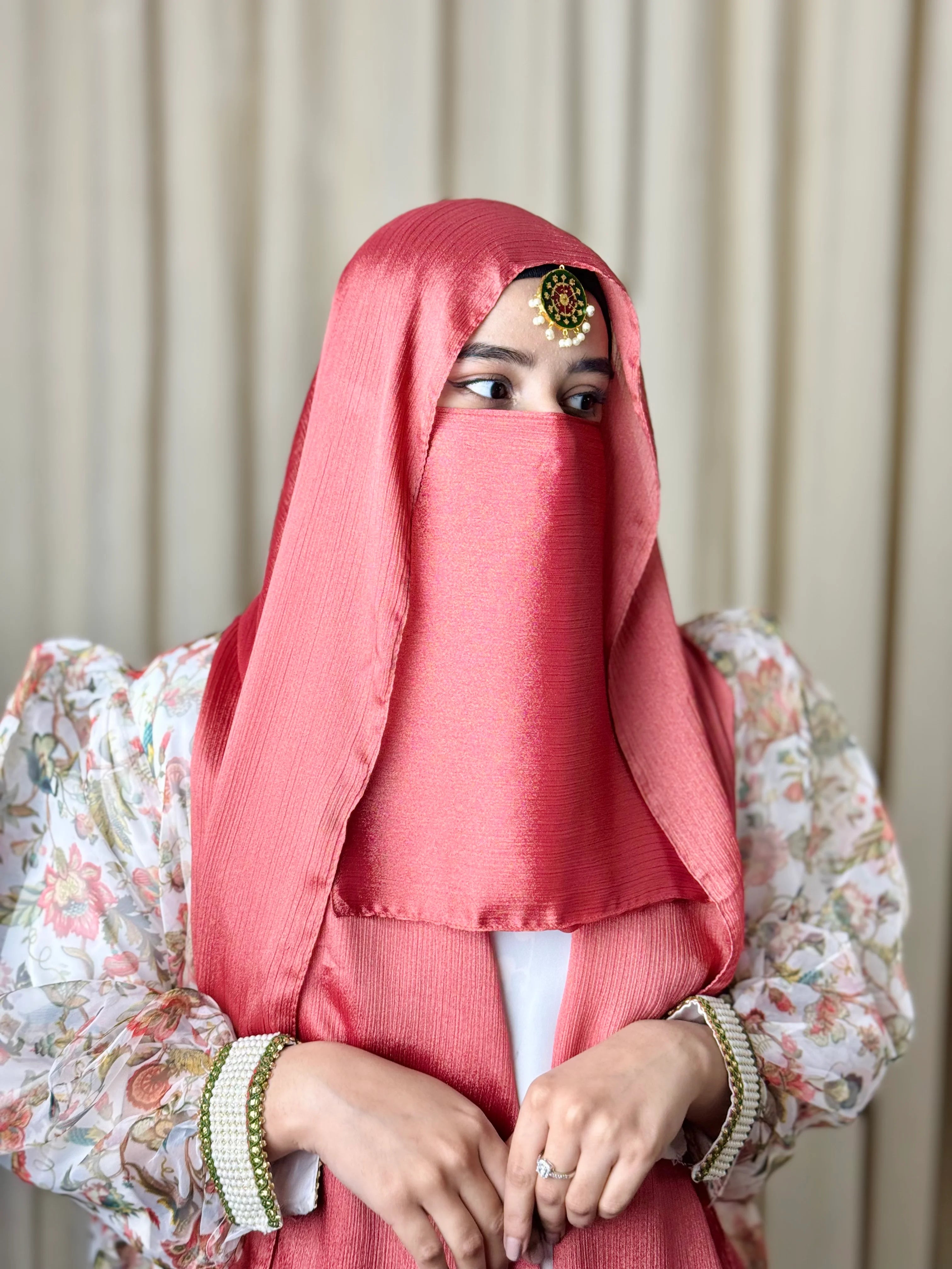 Silk Hijab And Niqab Set - Coral