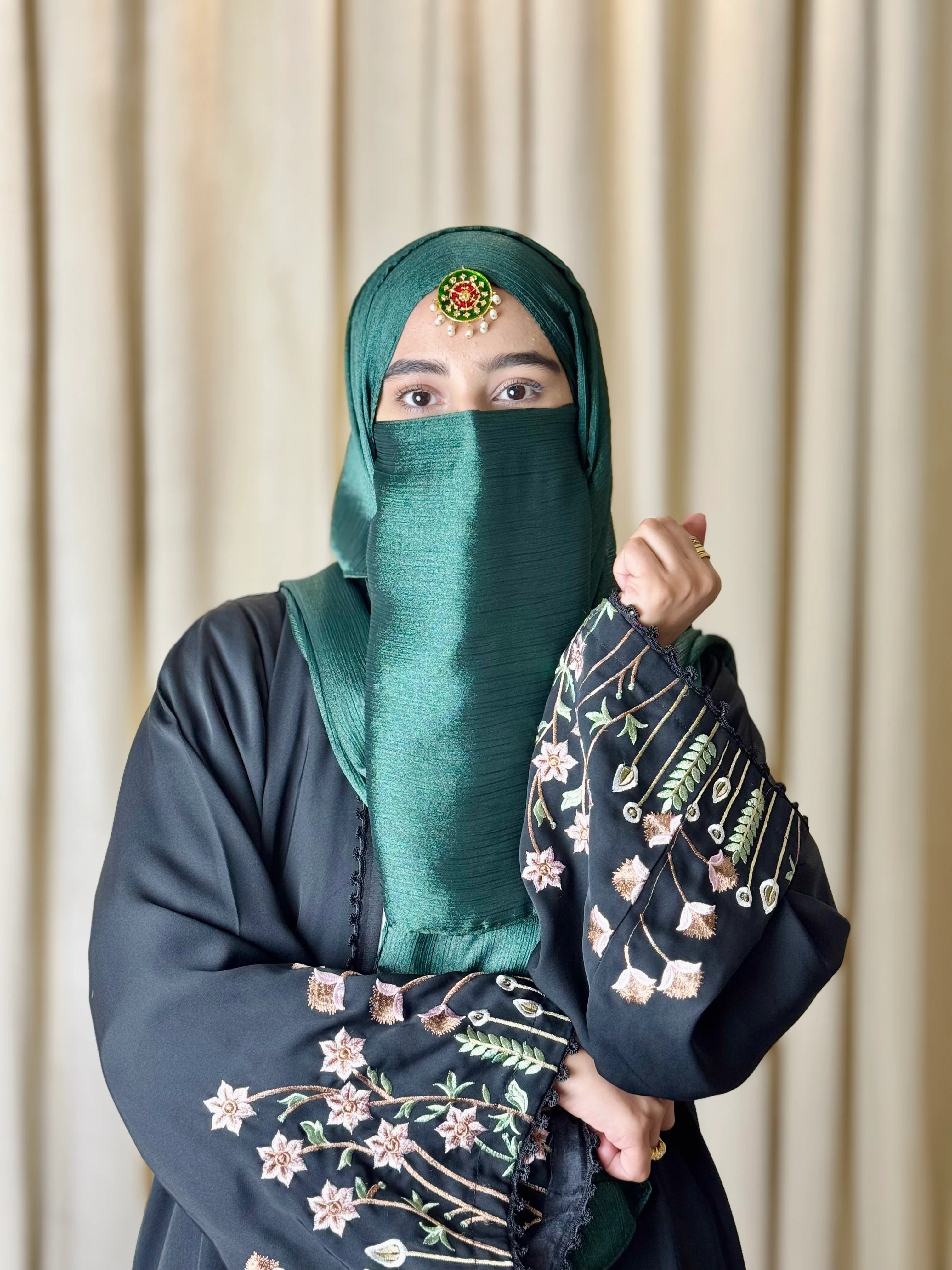 Silk Hijab And Niqab Set - Dark Green