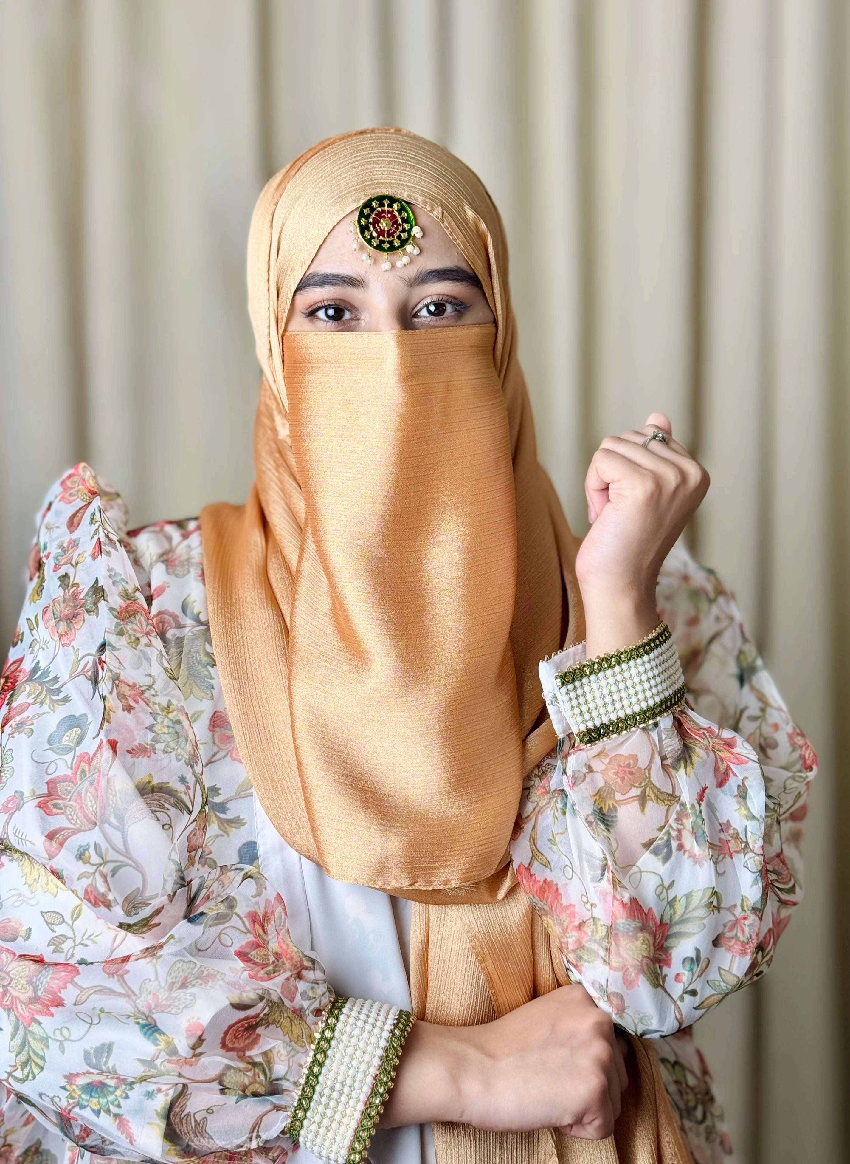 Silk Hijab And Niqab Set - Metallic Gold