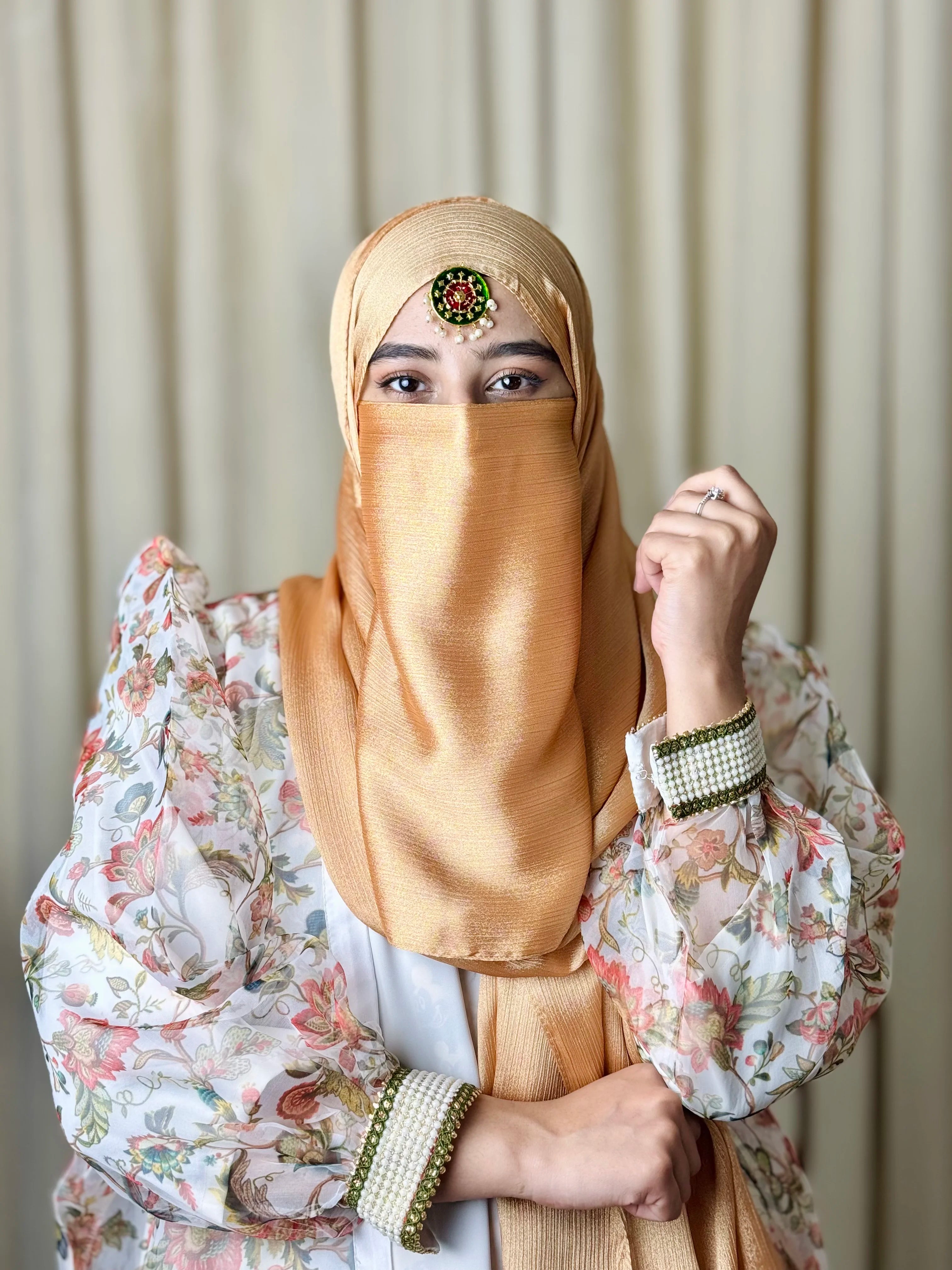 Silk Hijab And Niqab Set - Metallic Gold