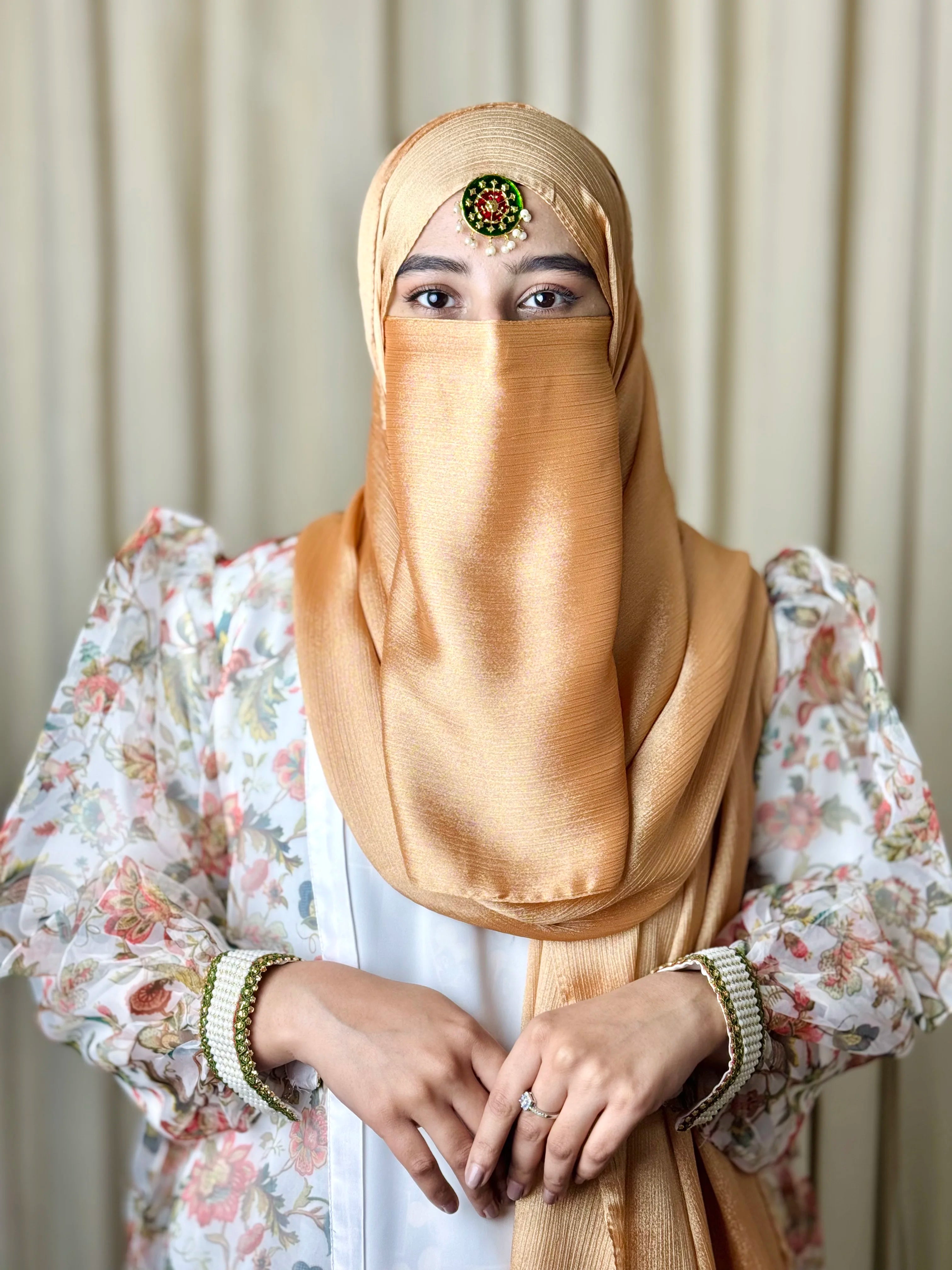 Silk Hijab And Niqab Set - Metallic Gold