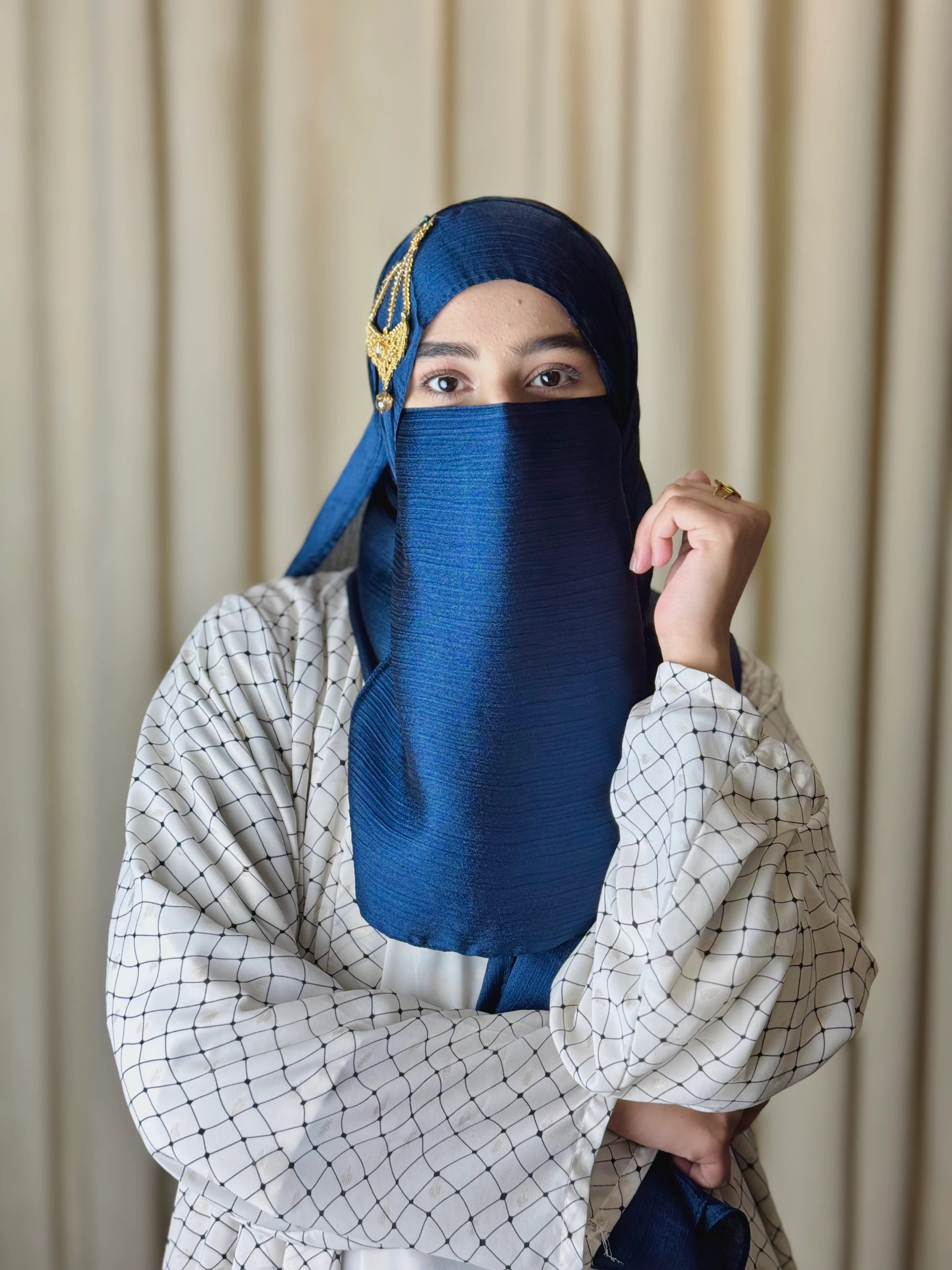 Silk Hijab And Niqab Set - Navy Blue