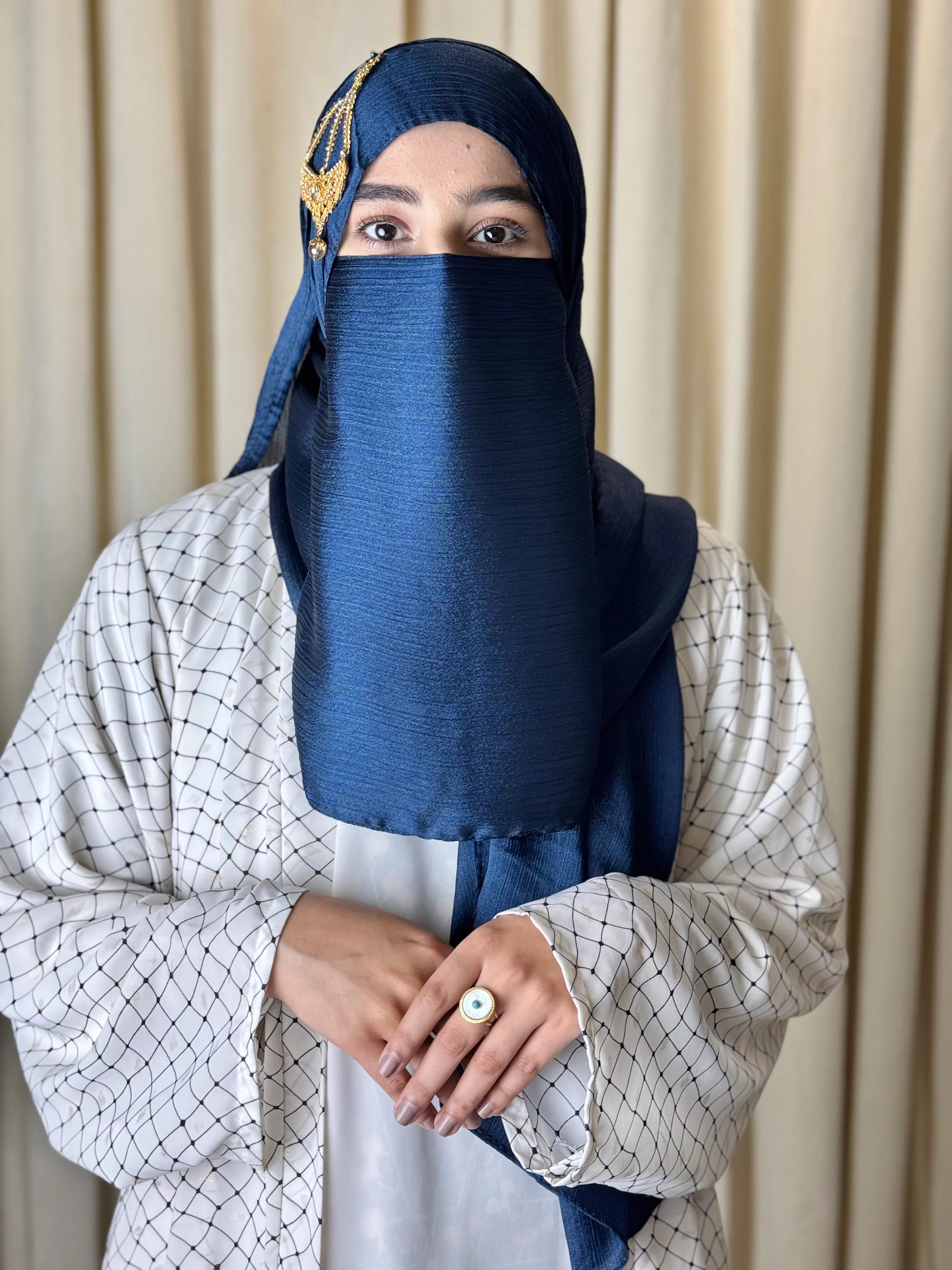 Silk Hijab And Niqab Set - Navy Blue